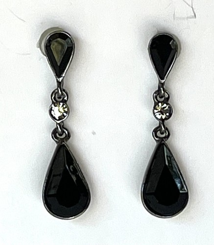 Givenchy Earrings Black Rhinestone Crystal Dangle Drop Signed Gunmetal Gray - Picture 2 of 6