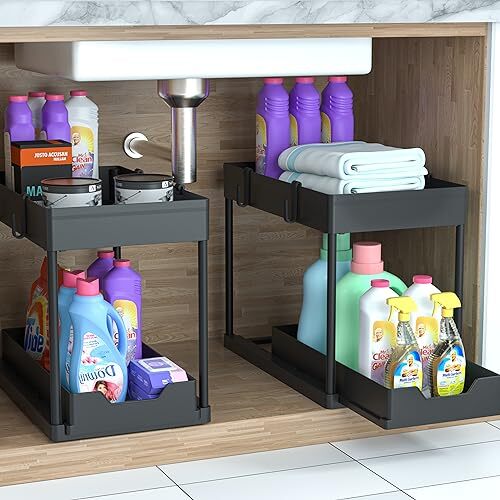 Under Sink Organizer 2 Pack Bathroom Cabinet Organizer 2 Tier Sliding Cabinet Ba - Picture 7 of 9