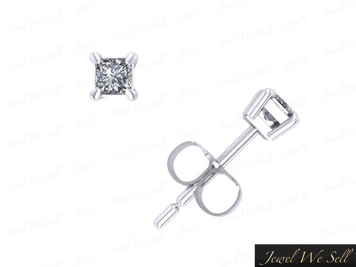 Real 0.33Ct Princess Diamond Stud Earrings 14k White Gold 4Prong H SI2 Push Back - Picture 2 of 3
