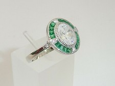 Ladies Art Deco Halo Design 925 Sterling Silver Sapphire & Green Emerald Ring