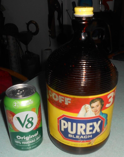 Vintage 1961 PUREX Bleach Bottle Brown Jug Orig Cap and Paper Label 1/2gal - Picture 2 of 15