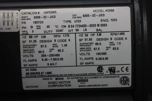 US Motors NIDEC MOTOR CORP DX66 U3P2DKR PH3, 208-230/460V, 1770 RPM, Cont. 3HP. - Picture 2 of 5