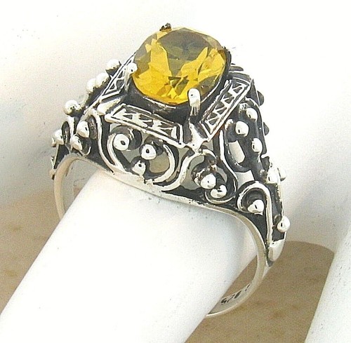 VINTAGE STYLE 925 STERLING SILVER LAB-CREATED CITRINE FILIGREE RING         230Z - Afbeelding 1 van 2