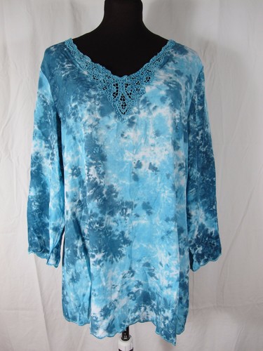 Fresco Nomadic Traders Blue Tie Dye Rayon Embroidered  V-Neck Beaded Tunic Top M - Picture 1 of 12