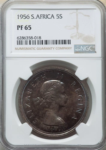 SOUTH AFRICA ,  PROOF 5 SHILLINGS 1956 - NGC PF 65 , RAREZ