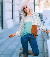 Women's Top Leopard Print Round Neck Long Sleeve Sweatshirt Print Size 2XL