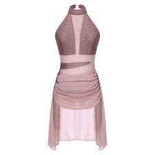 Women Modern Lyrical Dance Dress Shiny Rhinestone Sheer Mesh Leotard Dancewear