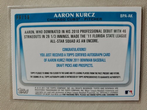 Aaron Kurcz 2011 Bowman Draft Retail Prospects Gold Foil #08 /50 #BPA-AK Auto RC - Imagen 4 de 8