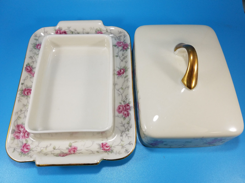Bavaria Schumann Arzberg Covered Butter Dish Pink Roses, Gray Leaves, Gold Trim - Picture 5 of 9