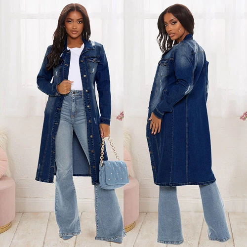 Damen Mode Denim Windbreaker Lange Vintage Denim Mantel Lange Jeansjacke Mantel - Bild 5 von 18