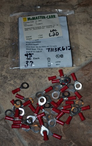 37 McMaster-Carr Vinyl Insulated 22-18 AWG ¼” Screw Stud Size Ring Terminals - Picture 1 of 4