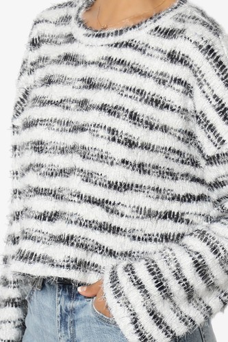 TheMogan Cozy Fuzzy Stripe Boxy Crop Sweater Top Soft Knit Long Sleeve Jumper - Picture 19 of 44