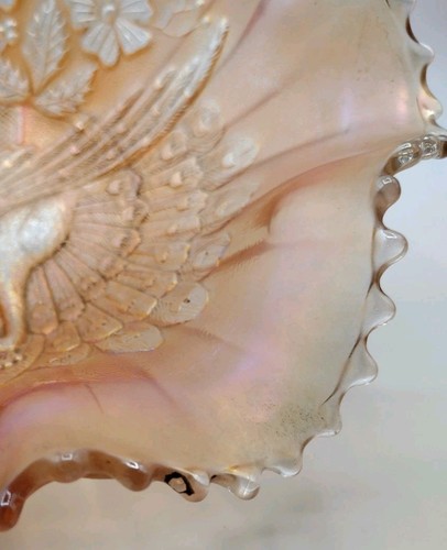 Antique Marigold Carnival Glass Bowl Peacock on Fence Pattern Ruffle Edge 9" - Picture 8 of 12