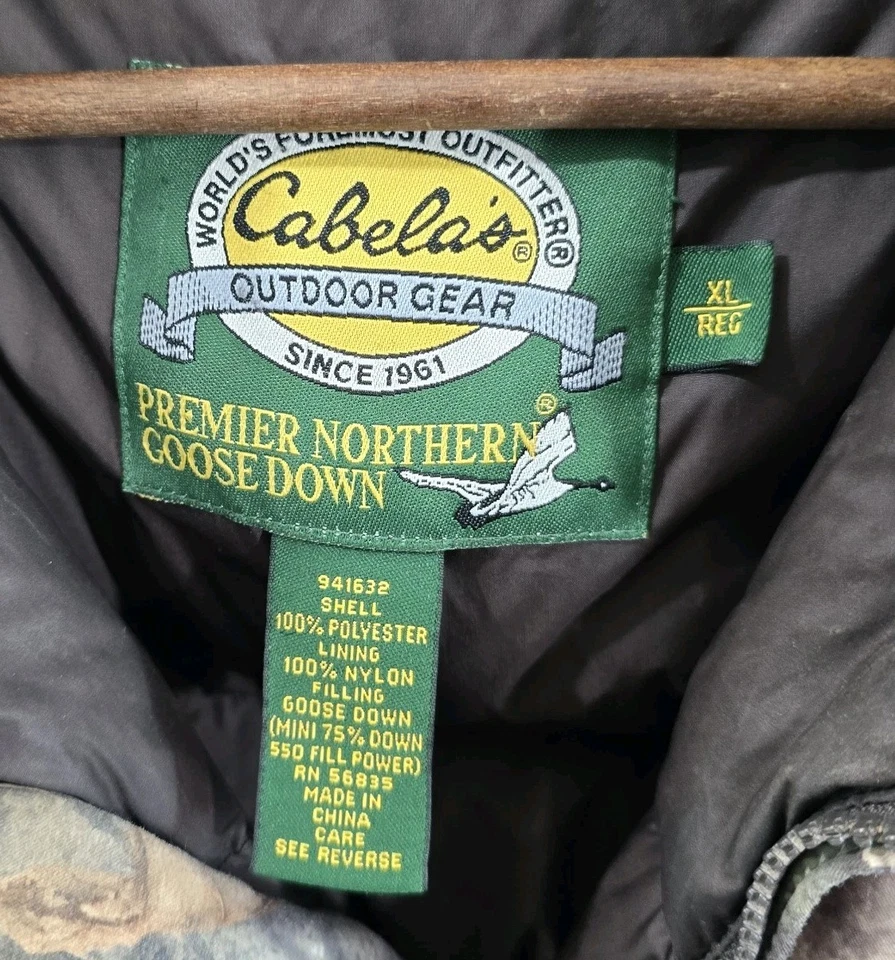 Chaqueta Cabelas Hombres XL Plumón de Ganso Camuflaje Bosque Mossy Roble Árbol Abrigo de Caza  Foto 3 de 4