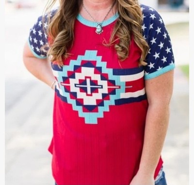Crazy Train Womens XL Aztec Cross Star  Print Short Sleeve T-Shirt Western 