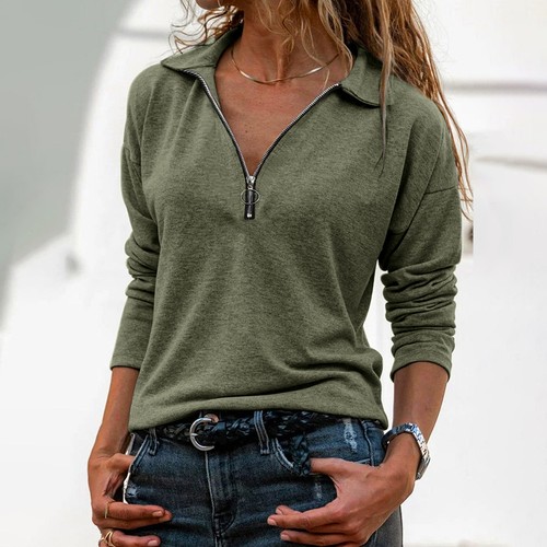 Womens Zip V Neck Collar T Shirt Tops Ladies Long Sleeve Casual Blouse Pullover - Bild 17 von 26