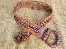 Vintage Woven Size S-M Cognac Brown Leather Belt Adjustable Fit Made in Turkey