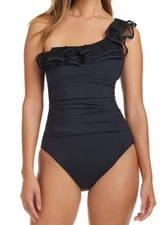 Bleu by Rod Beattie Women's Ruffle-Trimmed One-Piece Swimsuit - Black, Size 12