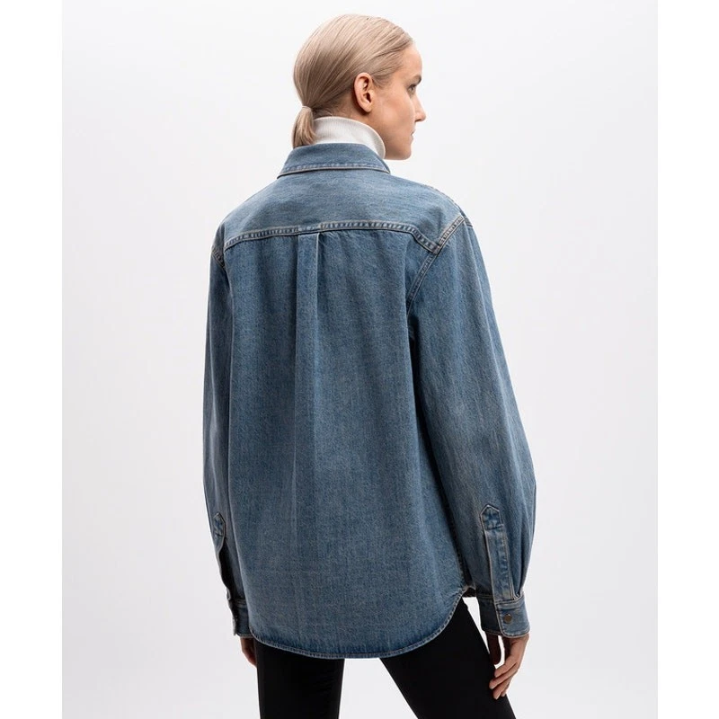 Helmut Lang Cotton Denim Logo Long Sleeve Collared Shirt Blue Women's Size L - Image 3 of 4