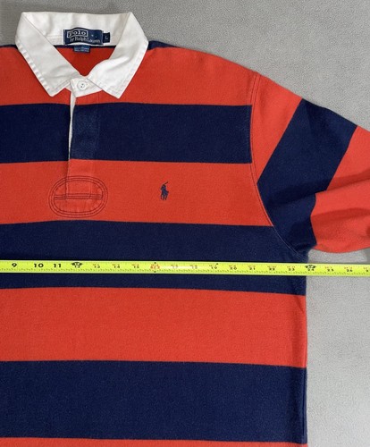 Polo vintage Ralph Lauren arancione blu navy a righe rugby polo grande hip hop anni 90 - Foto 4 di 6