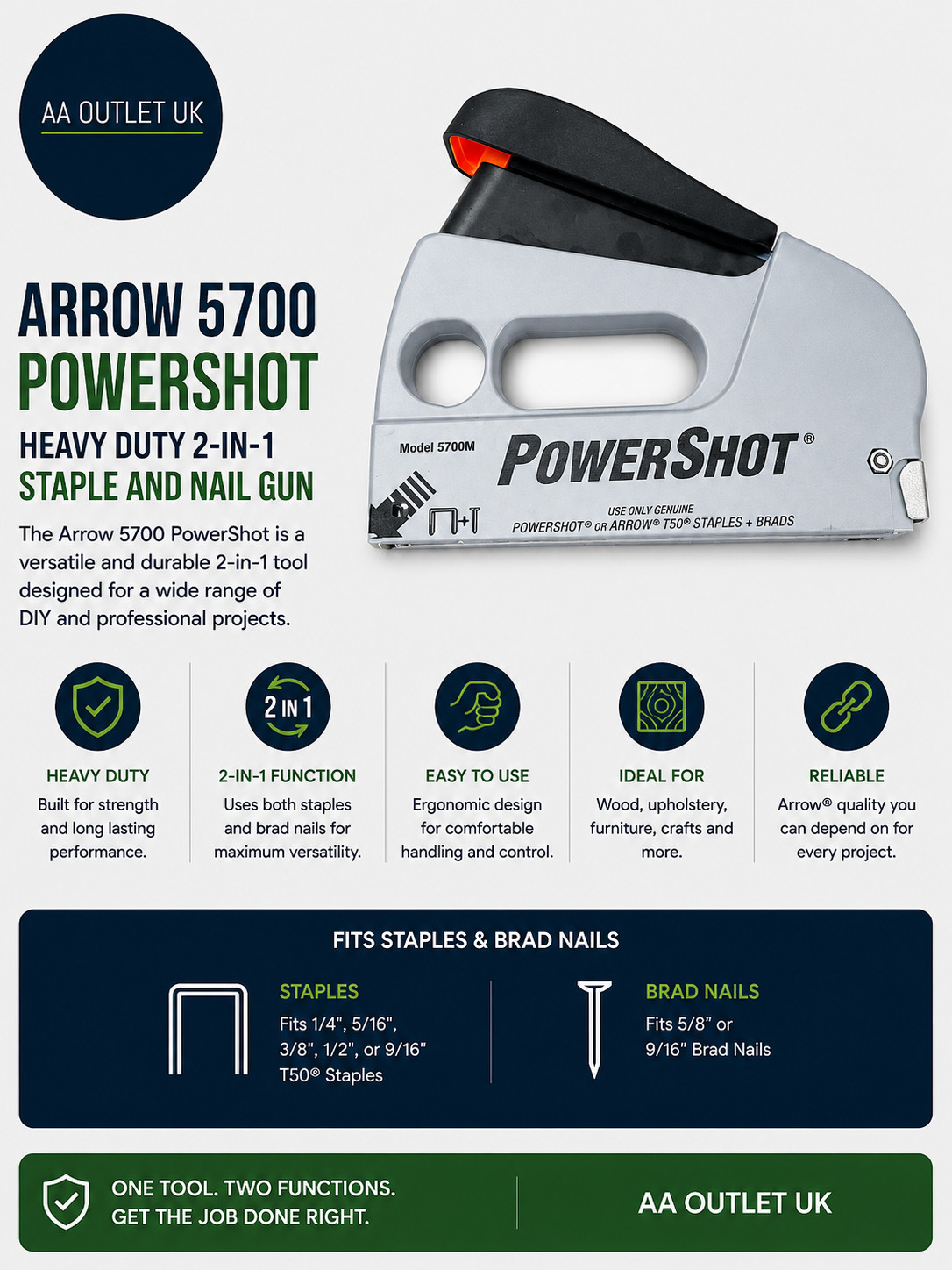 Arrow 5700 PowerShot Heavy Duty 2 In 1 Staple Nail Gun Wood Upholstery Furniture