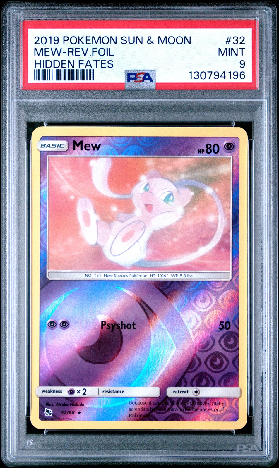 2019 POKEMON SUN & MOON HIDDEN FATES #32 MEW-REVERSE FOIL PSA 9