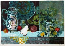 Alvar Sunol Mesa Fruta Bodegón Grabado Serigrafía Mediados de Siglo Obra de Arte Moderna