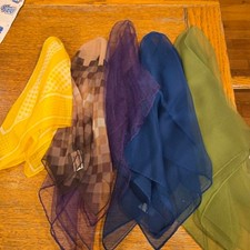 Vintage Nylon/Polyester sheer scarfs square lot of 5 patterns and plain colors