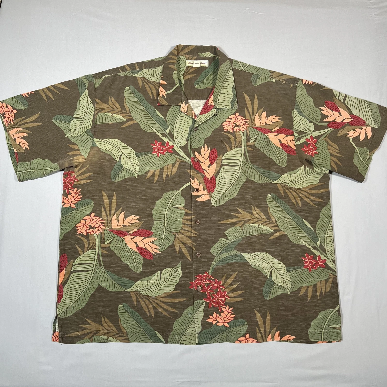 Tommy Bahama Men's XXL Green Brown Silk Tropical Floral Casual Shirt Loop Collar