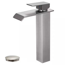Single Handle Waterfall Vessel Sink Faucet with Pop-Up Drain and Brass Bathroom
