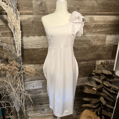 open lace back dress Final Sale Plus Size Glitter One Shoulder Gown with Bow in Ivory