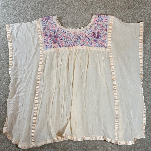 Embroidered Floral Bird Mexican Style Boho Tunic Top Blouse Cream - Picture 5 of 5