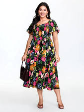 BloomChic Plus Size 26 28 Black Vibrant Floral Print Shirred Pockets Maxi DRESS