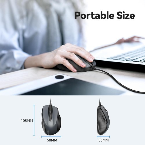 TECKNET USB Wired Mouse, 6-Button Corded Mouse with 2 Adjustable DPI, GRAY - Picture 6 of 7