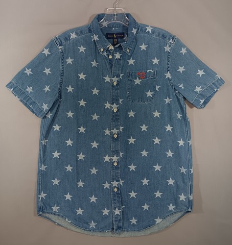 Camisa Ralph Lauren Para Hombres XL Azul Denim Estampado de Estrellas Manga Corta Bolsillo Occidental RL - Imagen 2 de 8
