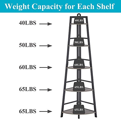 Rustic Tall Corner Bookshelf, 5 Tier Wood Corner ladder shelf Dark Grey Oak - Picture 5 of 7