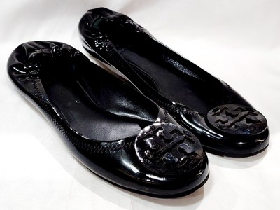 Tory Burch REVA Black Patent Leather Flat Ballet Black Logo Classic 6.5 M Used