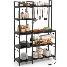 Bakers Rack 5-Tier Coffee Bar Table w/ 10 S-Shaped Hooks & Power Outlets