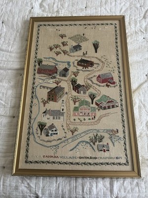 Vintage Folk Art Needlepoint Wall Art Framed Canada Village Ontario 1971