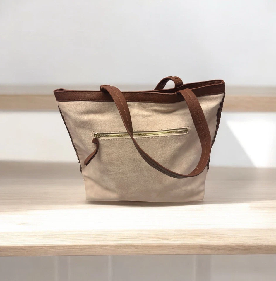 女士棕色麂皮绒感觉 PVC 复古嬉皮条纹波西米亚单肩包钱包挎包13x16 — 第 2/4 张图片