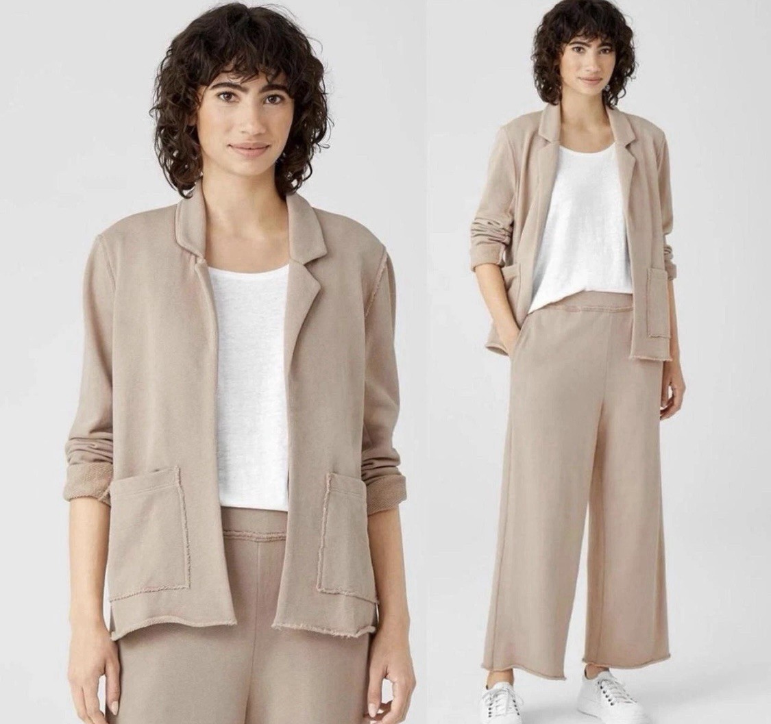 Eileen Fisher Lightweight Organic Cotton Tan Minimalist Terry Blazer Medium