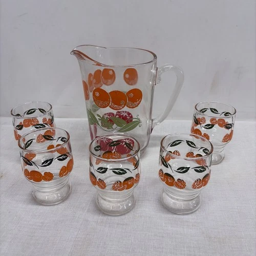 Vintage Anchor Hocking Pitcher 5 Juice Glasses Tomato Orange Fruit 1950-1960