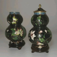VTG Cloisonne Gourd Jars With Wood Stands Chinese Black Florals Enamel 1 Lid 
