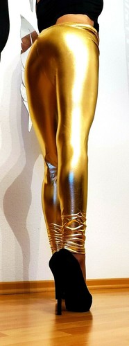 UNISEX! Pantaloni elasticizzati Glossy Wetlook, effetto vernice, lucidatura a specchio, oro lucido, S/M - Foto 3 di 5