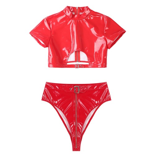 UK Women Glossy Leather Lingerie Outfits Cutout Crop Top with High Cut Underwear - Picture 6 of 31
