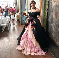 Black+Pink Ball Gown Wedding Dresses Lace-up Off-the-shoulder Floor Length
