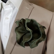 NEW - Men's 2-in-1 Pouf Round Pocket Square - Dark Olive Green Satin