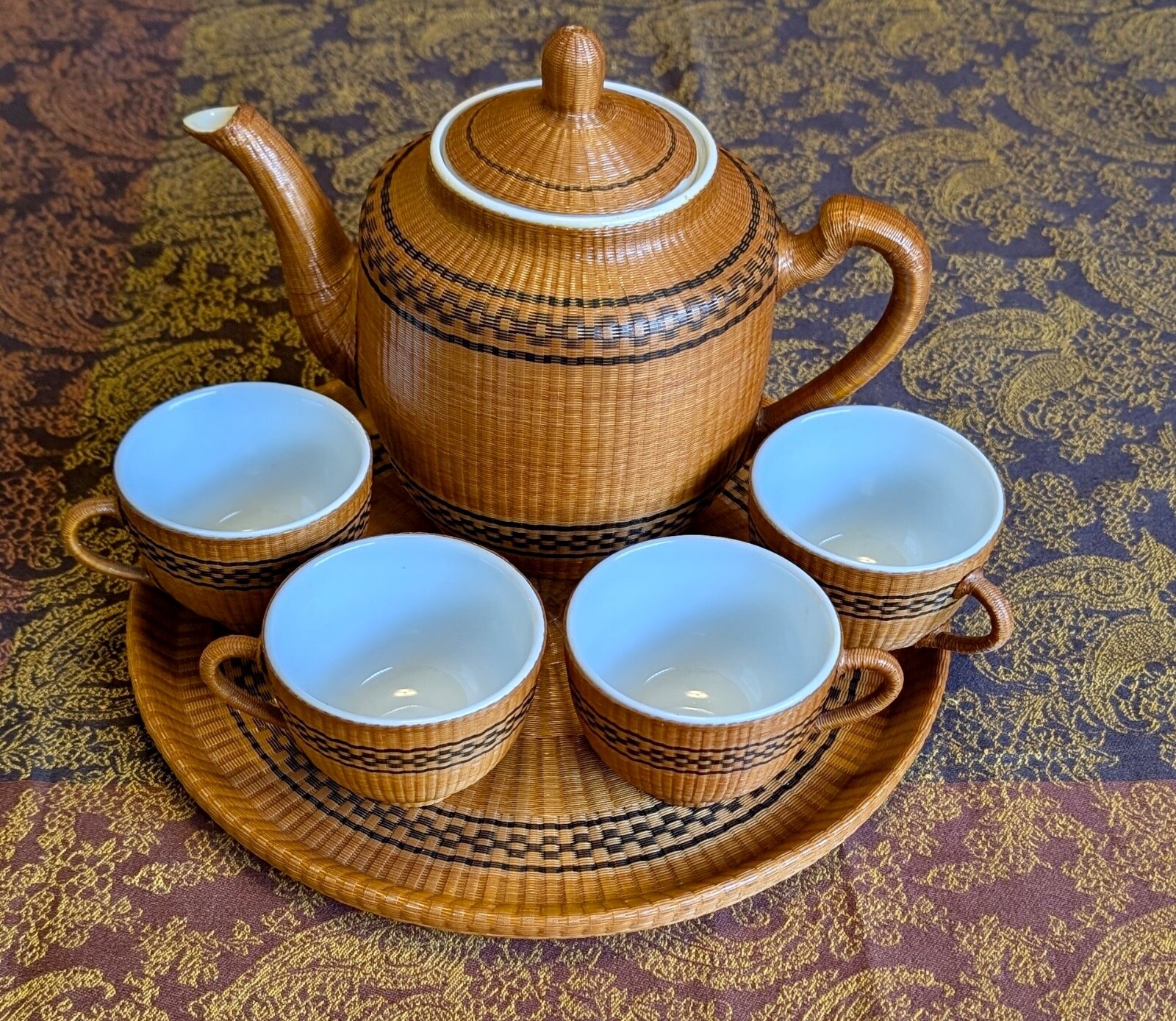 Teeservice Porzellan mit Bambusgewebe, asiatisch, Handarbeit RARITÄT, 1970er