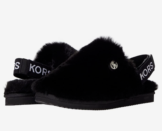 MICHAEL KORS Elsie Slingback Flat Slippers Black Silky Fur MK Logo