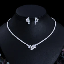 Dazzling Silver Plated CZ Round Tennis Necklace Earrings Women Party Jewelry Set